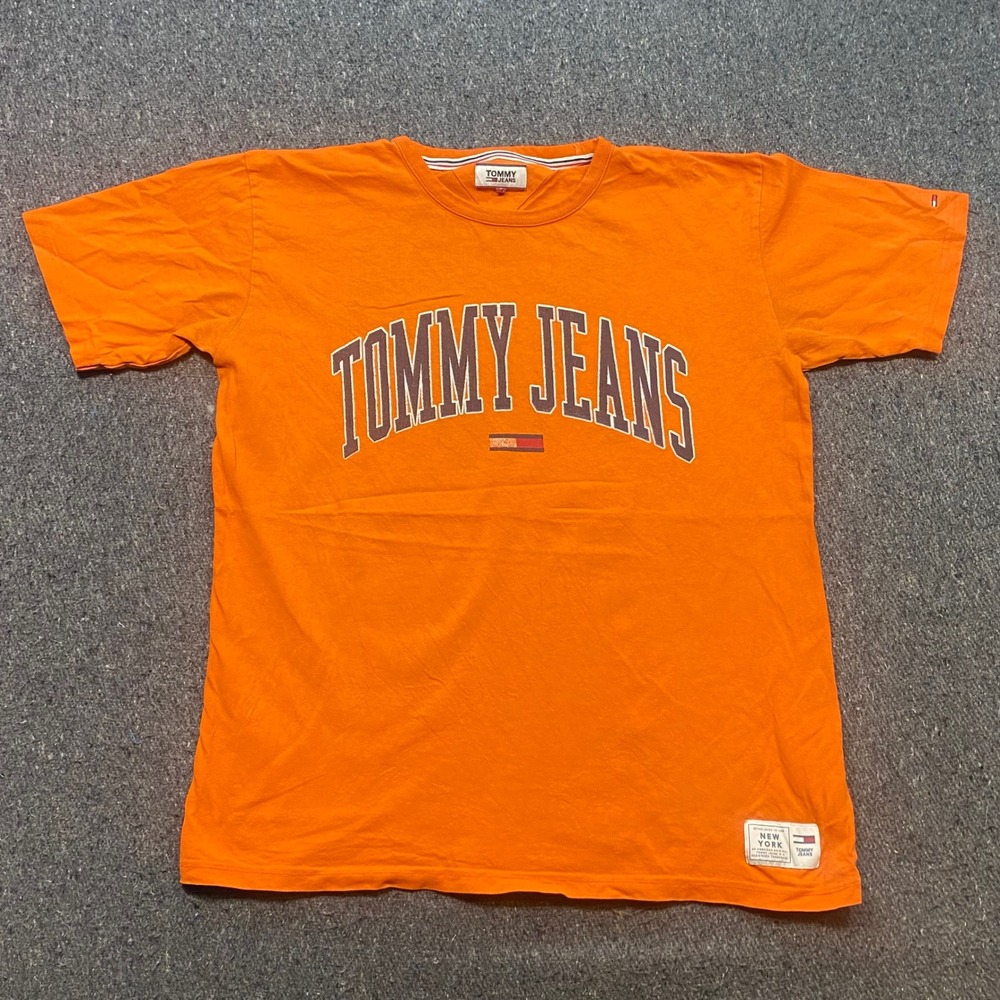 Tommy Jeans TShirt Sz L‎ Mens Orange Streetwear Retro Arch Logo Short Sleeve Tee